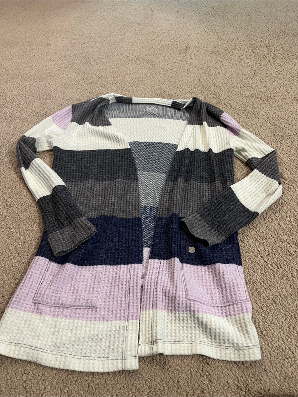 Justice Striped Waffle-Knit Open Cardigan in Gray, Navy & Lilac